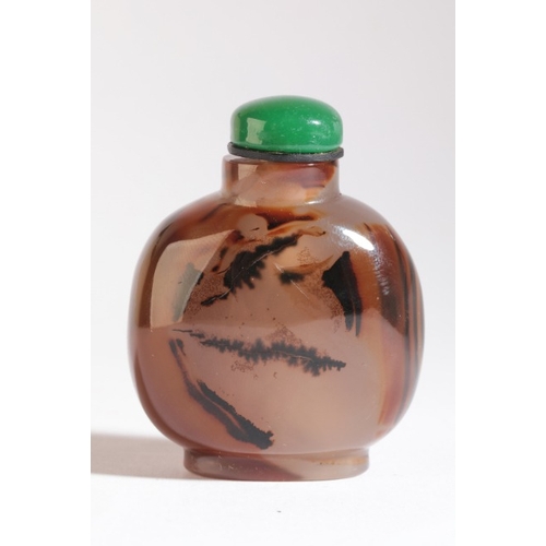 26 - A CHINESE CARVED AGATE SNUFF BOTTLE

19th century, brown agate with a contrasting white dragon carve... 