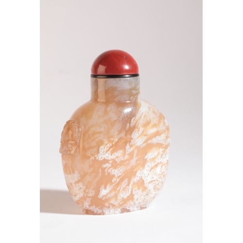 42 - A CHINESE 'MACARONI' AGATE SNUFF BOTTLE

18th/19th century, with carved mask and ring shoulders, 6cm... 