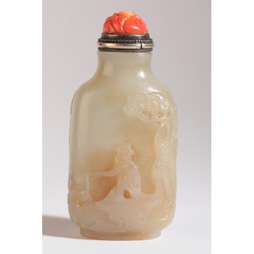 44 - A CHINESE JADE SNUFF BOTTLE

18th/19th century, with carvings of a figure fishing under a pine tree ... 