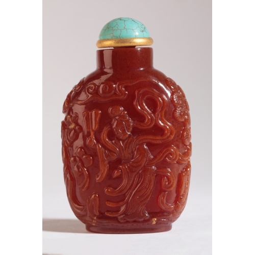 6 - A CHINESE AMBER SNUFF BOTTLE

Qing Dynasty, carved to one side with an elderly scholar guided by his... 