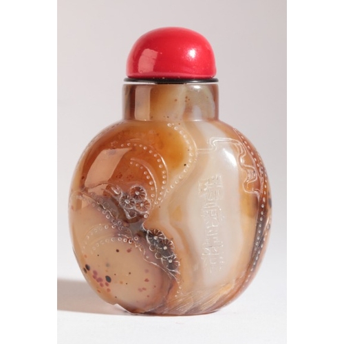 61 - A CHINESE AGATE SNUFF BOTTLE

19th century, carved to the front in the Suzhou style with a boy chasi... 