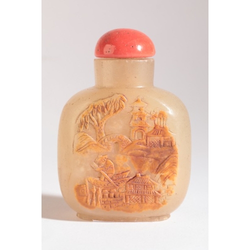 64 - A CHINESE SOAPSTONE SNUFF BOTTLE

19th century, the russet skin to the front carved with a boatman p... 