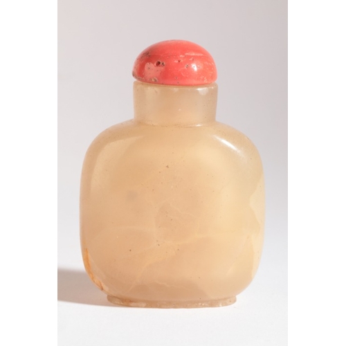 64 - A CHINESE SOAPSTONE SNUFF BOTTLE

19th century, the russet skin to the front carved with a boatman p... 