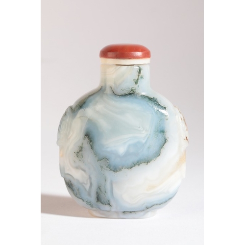 66 - A CHINESE AGATE SNUFF BOTTLE

19th century, the 'moss' type agate carved with mask and ring handles ... 