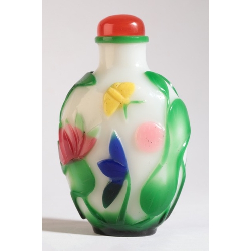 84 - A CHINESE GLASS SNUFF BOTTLE

19th century, of flattened ovoid shape, with five colours overlaid on ... 