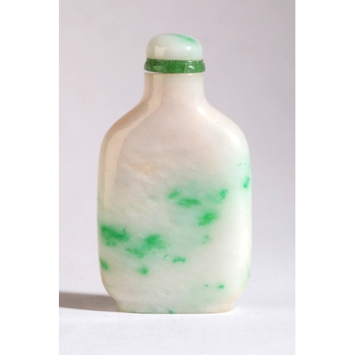 9 - A CHINESE JADEITE 'PINE NEEDLES IN THE SNOW' SNUFF BOTTLE

circa 1780-1850, the predominantly white ... 