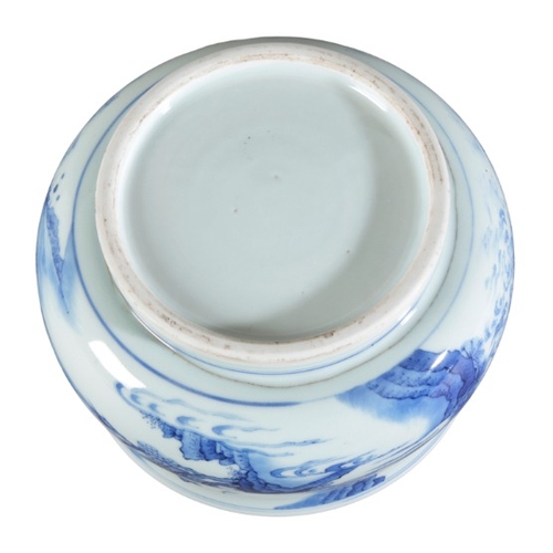 215 - A CHINESE PORCELAIN BLUE AND WHITE BOWL

possibly Kangxi period, decorated with soldiers at battle w... 