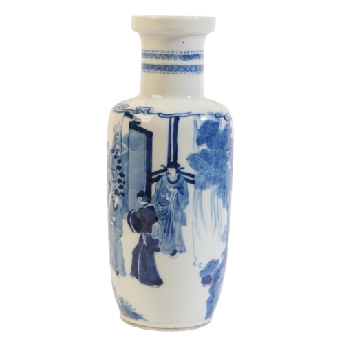 221 - A CHINESE PORCELAIN BLUE AND WHITE ROULEAU VASE

bearing a double ring mark to the base, Qing dynast... 