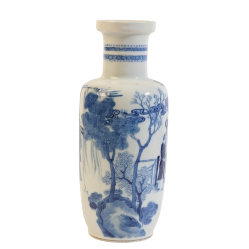 221 - A CHINESE PORCELAIN BLUE AND WHITE ROULEAU VASE

bearing a double ring mark to the base, Qing dynast... 