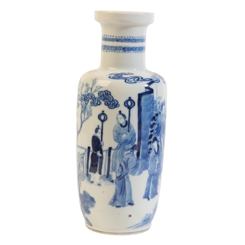 221 - A CHINESE PORCELAIN BLUE AND WHITE ROULEAU VASE

bearing a double ring mark to the base, Qing dynast... 