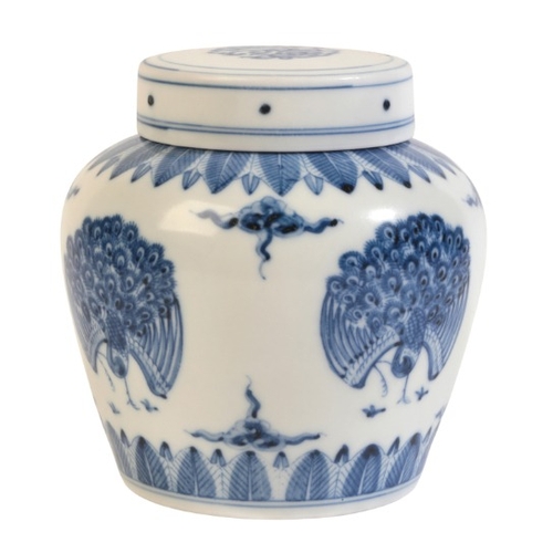 234 - A CHINESE PORCELAIN BLUE AND WHITE 'PEACOCK' JAR

bearing a single character Tian mark to the base, ... 