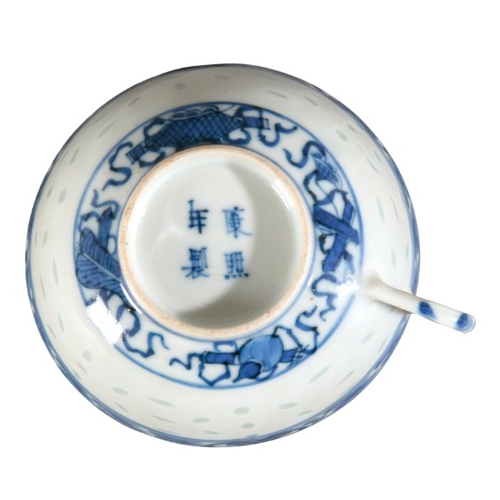 248 - A CHINESE PORCELAIN BLUE AND WHITE 'RICE PATTERN' TEA CUP AND SAUCER

both bearing four character Ka... 