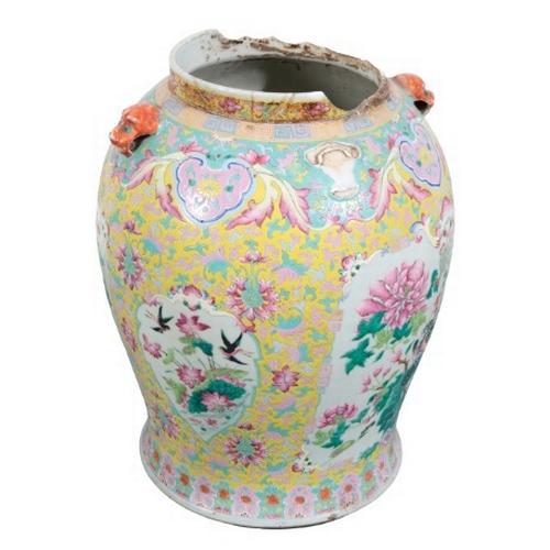 273 - A LARGE CHINESE PORCELAIN YELLOW GROUND FAMILLE ROSE VASE AND COVER

19th century, the cover with a ... 