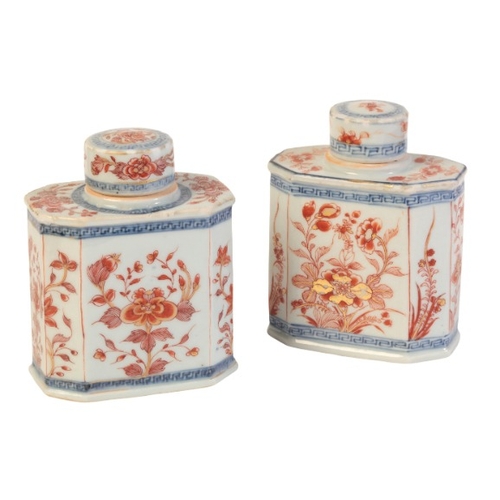 276 - TWO SIMILAR CHINESE EXPORT PORCELAIN TEA CADDIES AND COVERS

19th century, decorated in the Imari pa... 