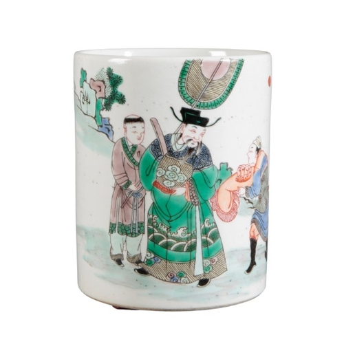 340 - A CHINESE PORCELAIN FAMILLE VERTE BRUSH POT

Qing dynasty or later, of circular section, decorated w... 