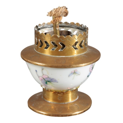 342 - A GROUP OF FOUR CHINESE PORCELAIN TEA BOWLS

later converted to oil lamps with gilt metal mounts and... 