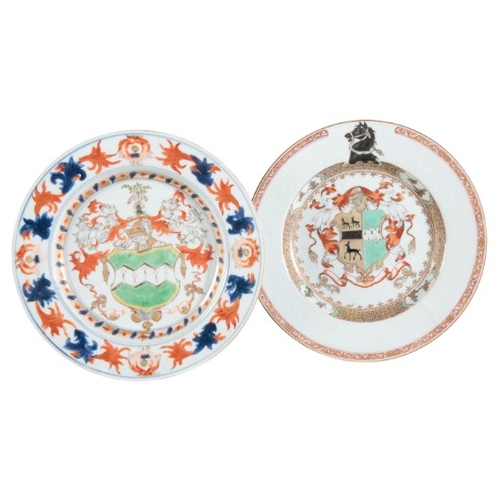 343 - TWO CHINESE EXPORT PORCELAIN ARMORIAL PLATES

18th century, both bearing the crest of Lord Somers, b... 