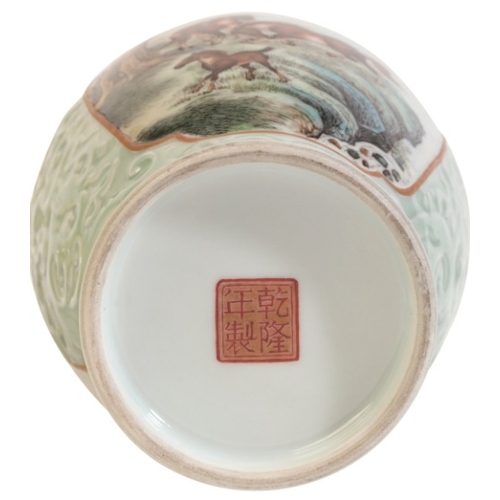 361 - A CHINESE PORCELAIN YELLOW GROUND VASE

bearing a six character 'Jingdezhen Zhi' mark to the base, d... 