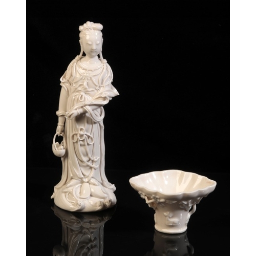 390 - A CHINESE BLANC DE CHINE FIGURE OF GUANYIN

bearing an indistinct double gourd mark to the back, 23c... 