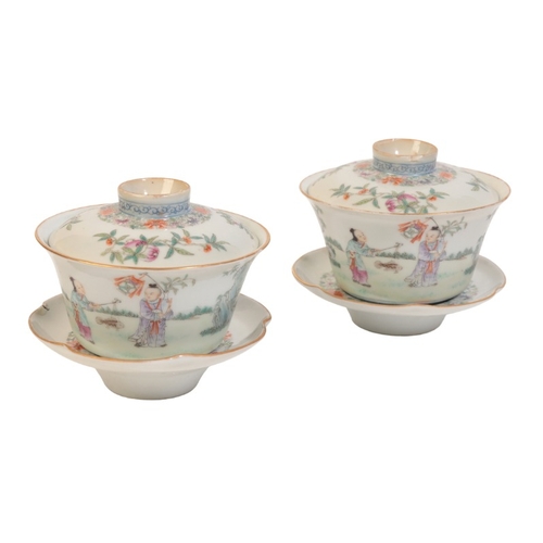 398 - A PAIR OF CHINESE PORCELAIN TEACUPS, STAND AND COVERS

bearing four character seal marks, probably e... 