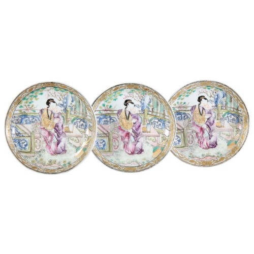 408 - A SET OF THREE CHINESE PORCELAIN FAMILLE ROSE TEA BOWLS AND SAUCERS

probably Qianlong period, decor... 