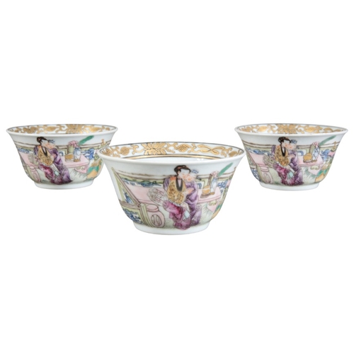 408 - A SET OF THREE CHINESE PORCELAIN FAMILLE ROSE TEA BOWLS AND SAUCERS

probably Qianlong period, decor... 