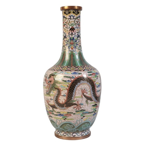 416 - A CHINESE CLOISONNE BOTTLE VASE

Qing dynasty, decorated with imperial dragons chasing a pearl again... 