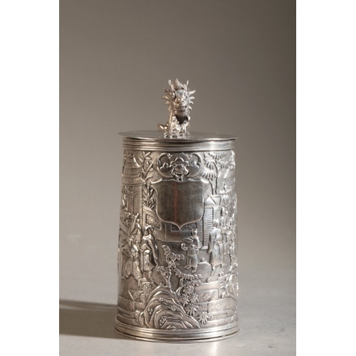 423 - A CHINESE EXPORT SILVER TANKARD BY LEECHING

marked to the base, the tapered cylindrical body with a... 