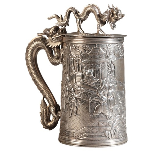 423 - A CHINESE EXPORT SILVER TANKARD BY LEECHING

marked to the base, the tapered cylindrical body with a... 