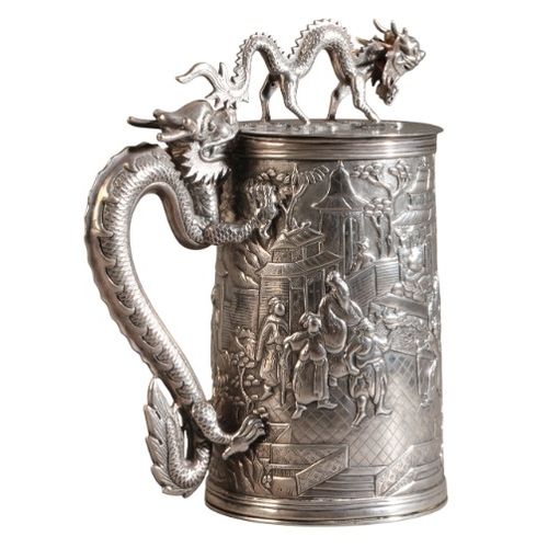 423 - A CHINESE EXPORT SILVER TANKARD BY LEECHING

marked to the base, the tapered cylindrical body with a... 