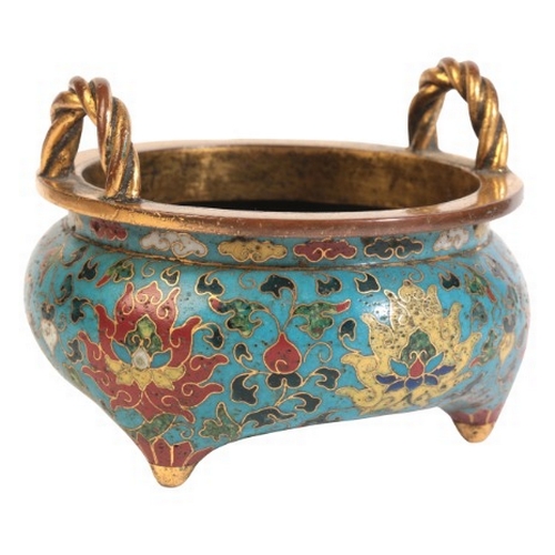 433 - A CHINESE CLOISONNE CENSER

probably Qing dynasty, with rope twist loop handles, the body decorated ... 