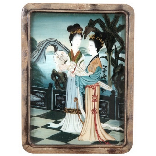 439 - TWO CHINESE REVERSE PAINTINGS ON GLASS

19th/20th century, one depicting figures in an interior play... 