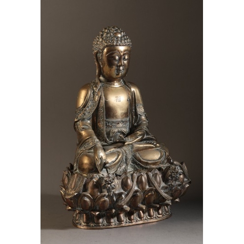 481 - A GILT BRONZE FIGURE OF BUDDHA

Ming dynasty, figured seated in dhyanasana, the right hand extended ... 