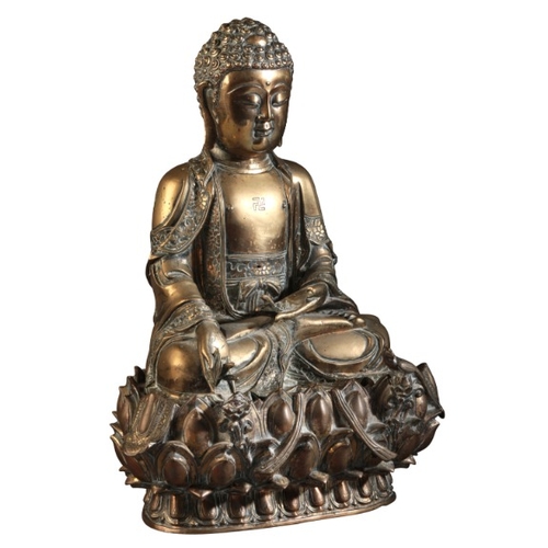 481 - A GILT BRONZE FIGURE OF BUDDHA

Ming dynasty, figured seated in dhyanasana, the right hand extended ... 