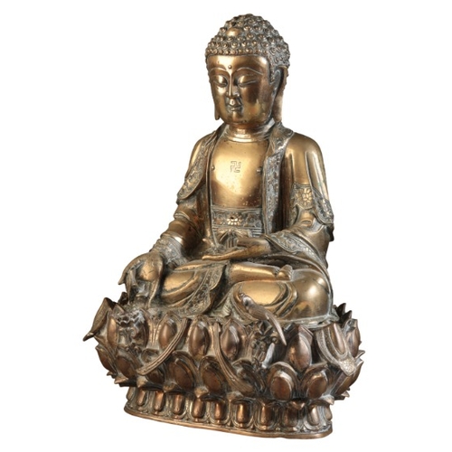 481 - A GILT BRONZE FIGURE OF BUDDHA

Ming dynasty, figured seated in dhyanasana, the right hand extended ... 