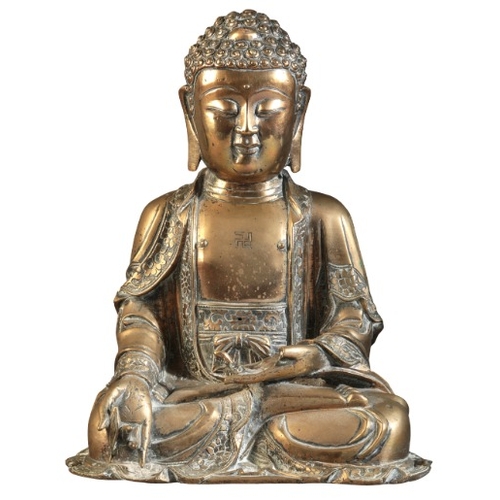 481 - A GILT BRONZE FIGURE OF BUDDHA

Ming dynasty, figured seated in dhyanasana, the right hand extended ... 