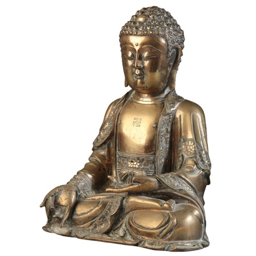 481 - A GILT BRONZE FIGURE OF BUDDHA

Ming dynasty, figured seated in dhyanasana, the right hand extended ... 