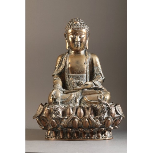 481 - A GILT BRONZE FIGURE OF BUDDHA

Ming dynasty, figured seated in dhyanasana, the right hand extended ... 