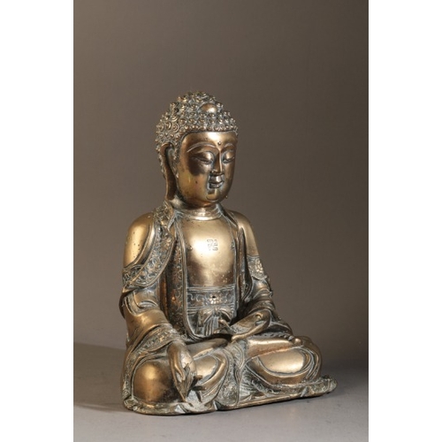 481 - A GILT BRONZE FIGURE OF BUDDHA

Ming dynasty, figured seated in dhyanasana, the right hand extended ... 