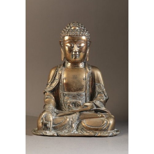 481 - A GILT BRONZE FIGURE OF BUDDHA

Ming dynasty, figured seated in dhyanasana, the right hand extended ... 