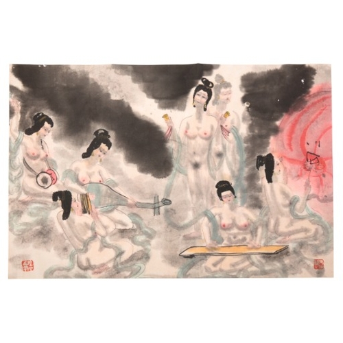 521 - FU ERSHI (1936-2017) An interior with figures

ink and colour on paper, seal marks to both lower cor... 