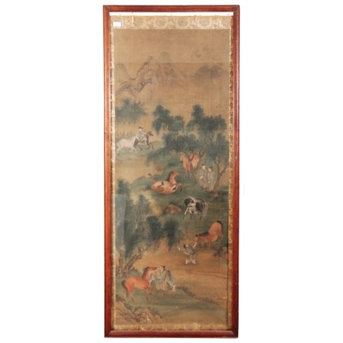 527 - AFTER ZHAO MENGFU (1254-1322) Horses and Grooms

ink and colour on silk, with seal of the artist, ha... 