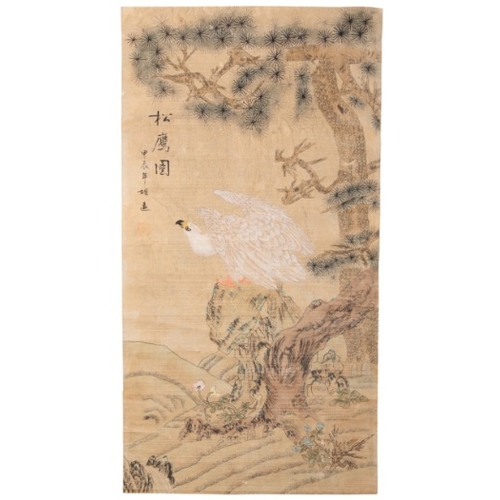 536 - CHINESE SCHOOL, LATE QING DYNASTY, A STUDY OF AN EAGLE

perched on a tree in a mountainous landscape... 