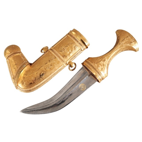 591 - A MIDDLE EASTERN GILT METAL KHANJAR DAGGER AND SADER

20th century, marked and numbered to the blade... 