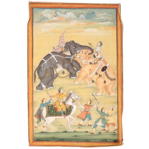 594 - MUGHAL SCHOOL, 19TH/20TH CENTURY A battle scene

painted on silk, with elephant riders, infantry and... 