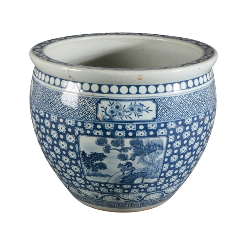 240a - A CHINESE PORCELAIN BLUE AND WHITE FISH BOWL 

19th century, the exterior painted all over with figu... 