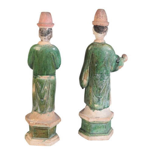 310a - TWO SIMILAR CHINESE SANCAI GLAZED GUARDIAN FIGURES

Ming Dynasty, figured with robes and high hats, ... 