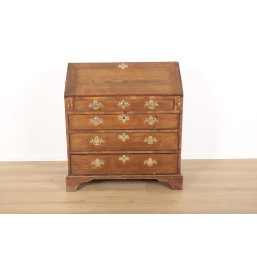 101 - A GEORGE III ELM BUREAU

the fall front enclosing fitted interior, four long graduated drawers under... 