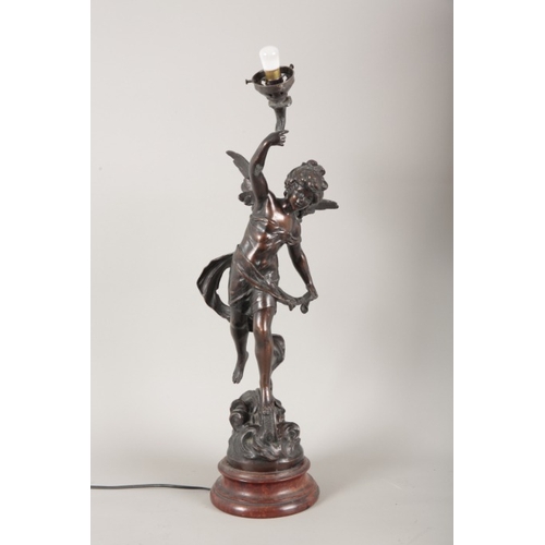 169 - A SPELTER ANGEL TABLE LAMP AFTER AUGUSTE-MOREAU

mid-20th century, French, posed with arm holding a ... 