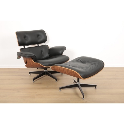 173 - A REPRODUCTION EAMES LOUNGE CHAIR AND STOOL

laminate wood and black leatherette